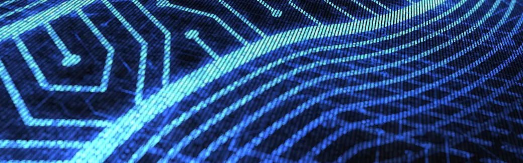 empreinte digitale lumineuse bleue formée de lignes et de circuits électroniques sur fond sombre
