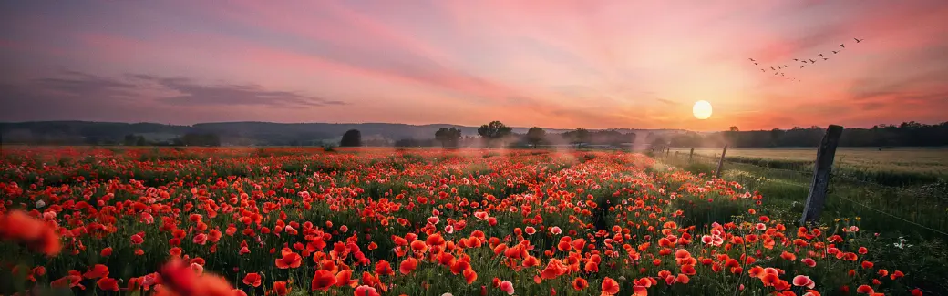 champ de coquelicots rouges au lever du soleil sous un ciel rose, avec un vol d'oiseaux